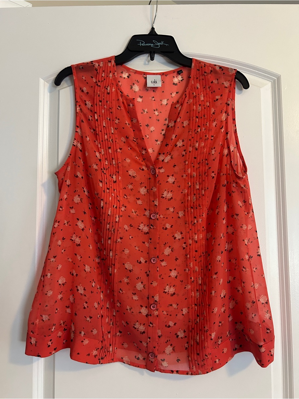 CAbi Coral pink Floral Pintuck Sleeveless Button Blouse